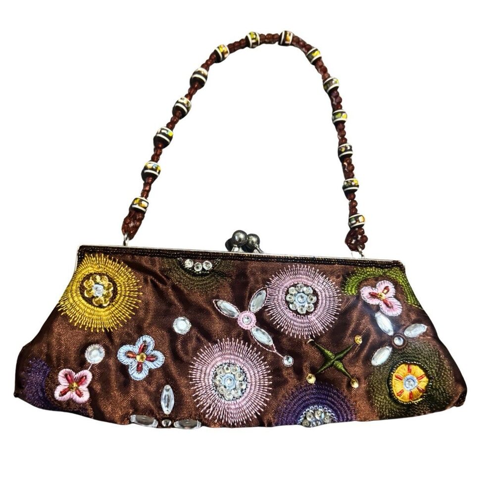 Vintage 90s Y2K Fairy Cottage Whimsygoth Beaded Sequin Embroidered Clutch Purse